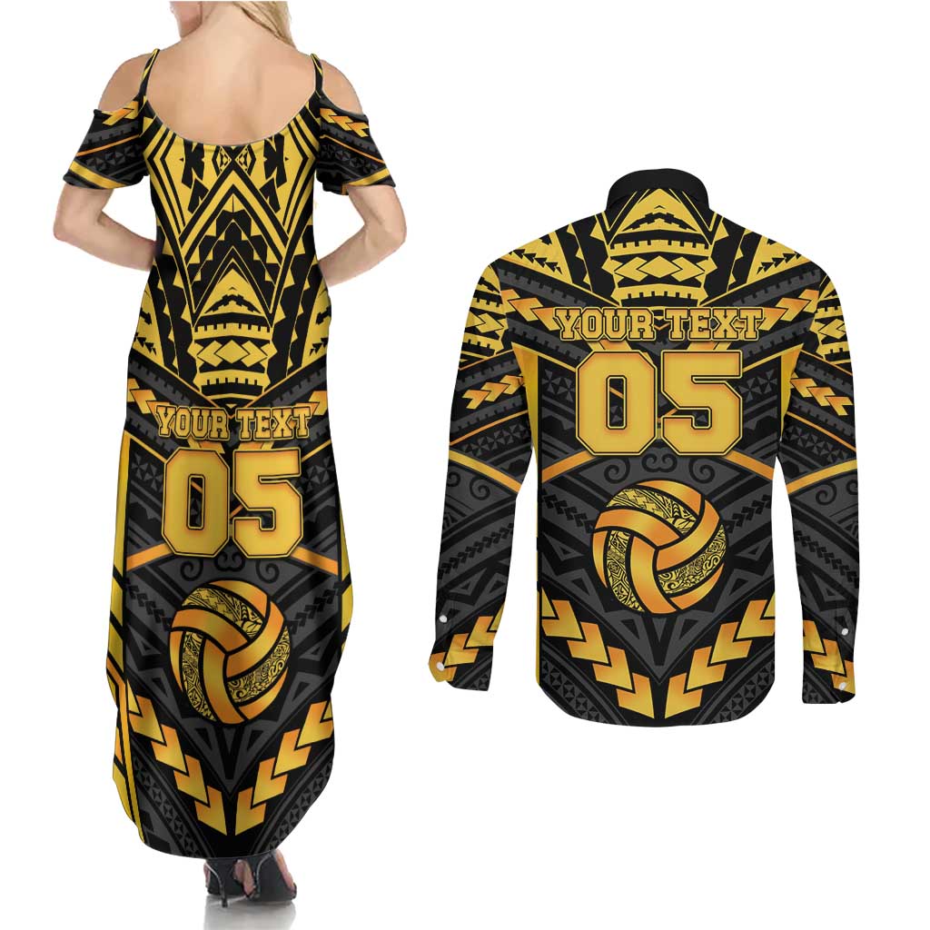 Custom Polynesia Beach Volleyball Couples Matching Summer Maxi Dress and Long Sleeve Button Shirt Gold Polynesian Tribal Pattern LT05 - Polynesian Pride