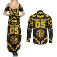Custom Polynesia Beach Volleyball Couples Matching Summer Maxi Dress and Long Sleeve Button Shirt Gold Polynesian Tribal Pattern LT05 - Polynesian Pride