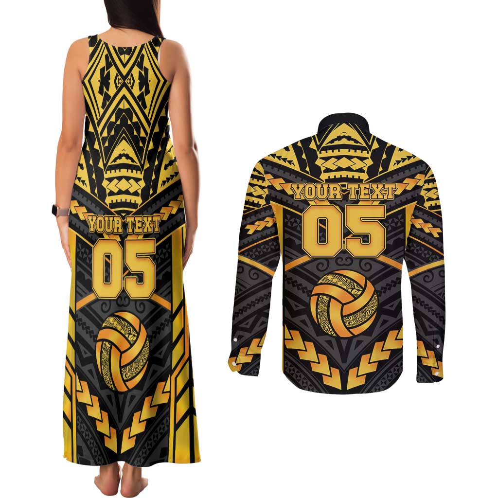 Custom Polynesia Beach Volleyball Couples Matching Tank Maxi Dress and Long Sleeve Button Shirt Gold Polynesian Tribal Pattern LT05 - Polynesian Pride