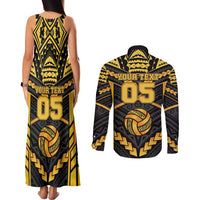Custom Polynesia Beach Volleyball Couples Matching Tank Maxi Dress and Long Sleeve Button Shirt Gold Polynesian Tribal Pattern LT05 - Polynesian Pride