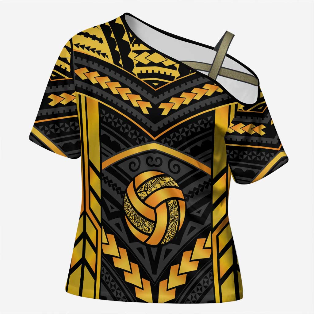 Custom Polynesia Beach Volleyball Cross Shoulder Shirt Gold Polynesian Tribal Pattern LT05 Female Gold - Polynesian Pride