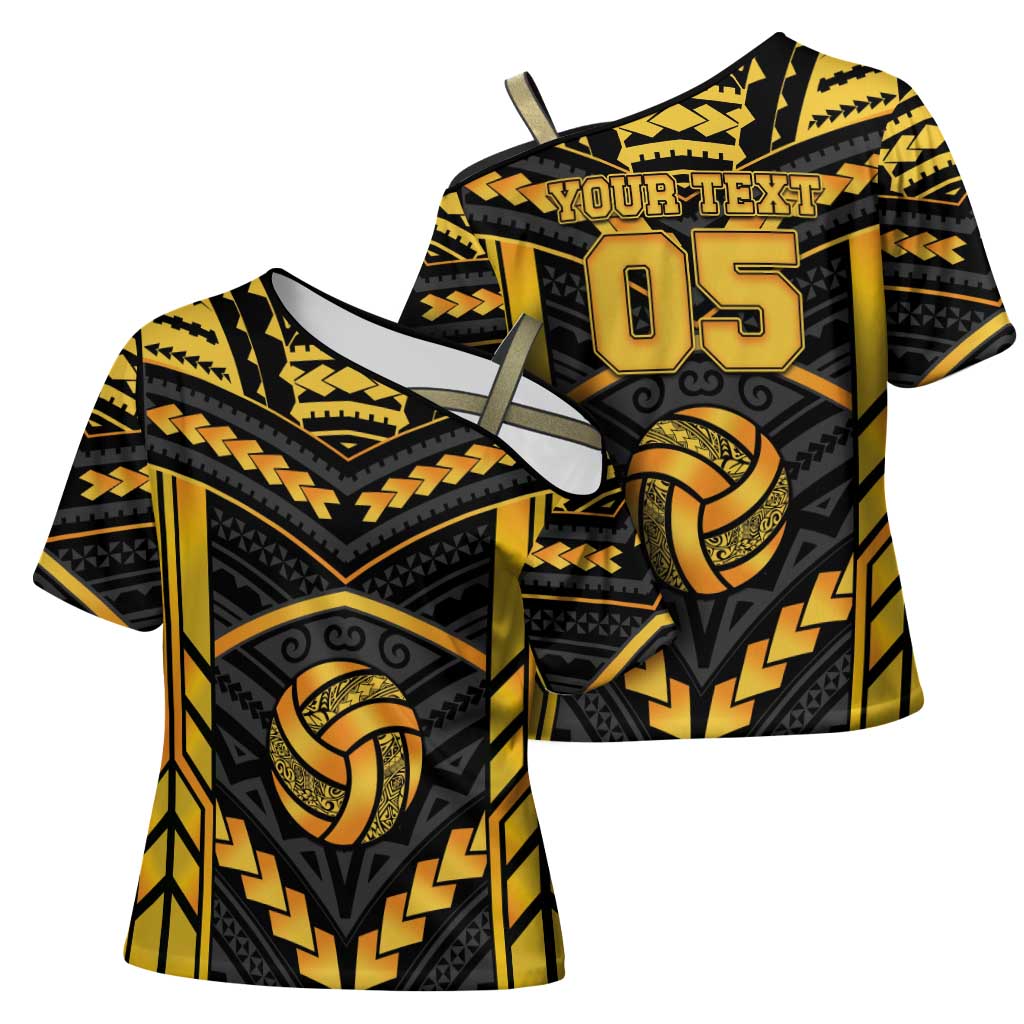 Custom Polynesia Beach Volleyball Cross Shoulder Shirt Gold Polynesian Tribal Pattern LT05 - Polynesian Pride
