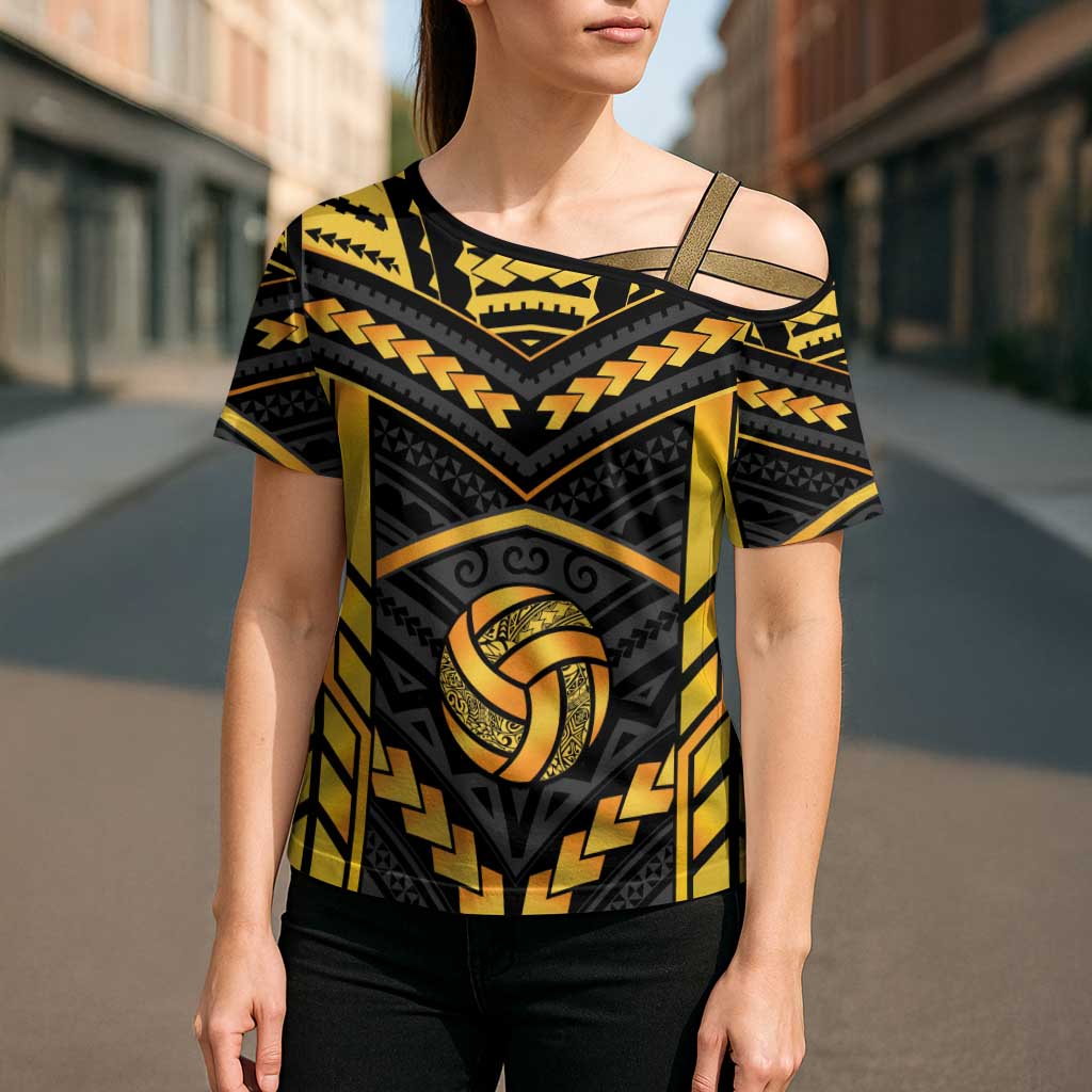 Custom Polynesia Beach Volleyball Cross Shoulder Shirt Gold Polynesian Tribal Pattern LT05 - Polynesian Pride