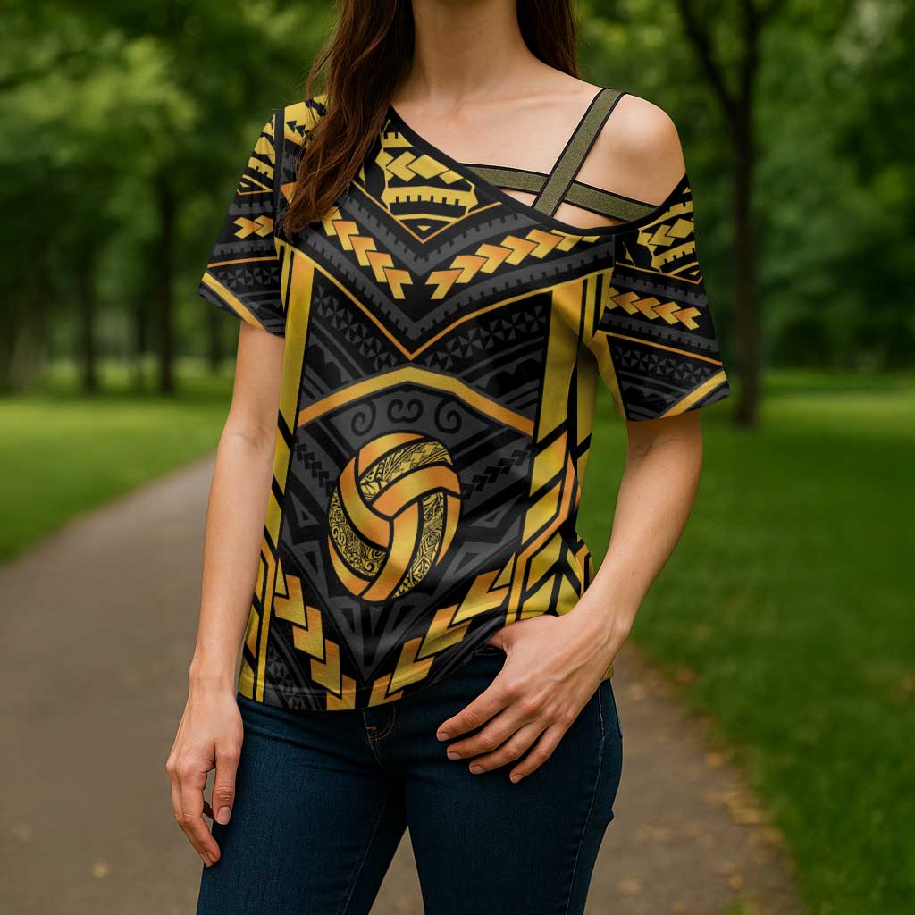 Custom Polynesia Beach Volleyball Cross Shoulder Shirt Gold Polynesian Tribal Pattern LT05 - Polynesian Pride