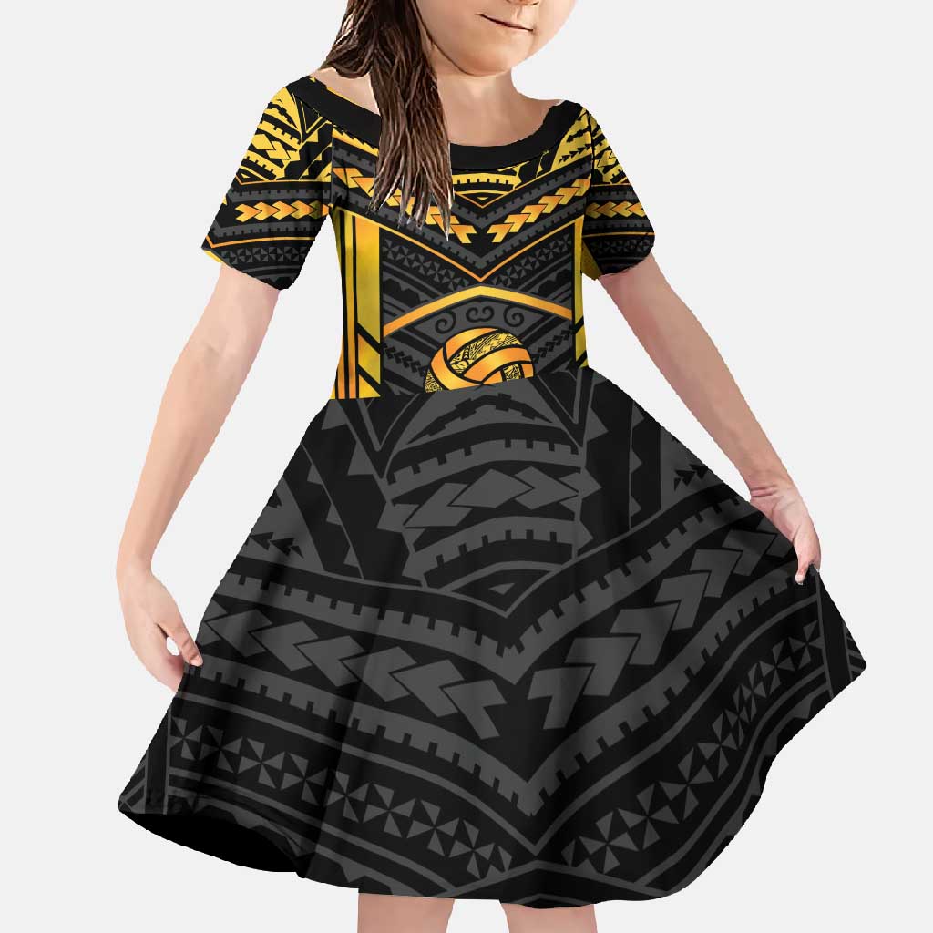 Custom Polynesia Beach Volleyball Family Matching Long Sleeve Bodycon Dress and Hawaiian Shirt Gold Polynesian Tribal Pattern - Polynesian Pride