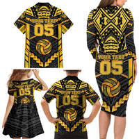 Custom Polynesia Beach Volleyball Family Matching Long Sleeve Bodycon Dress and Hawaiian Shirt Gold Polynesian Tribal Pattern - Polynesian Pride