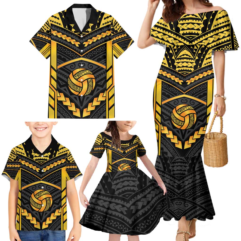 Custom Polynesia Beach Volleyball Family Matching Mermaid Dress and Hawaiian Shirt Gold Polynesian Tribal Pattern - Polynesian Pride