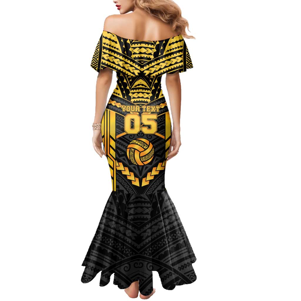 Custom Polynesia Beach Volleyball Family Matching Mermaid Dress and Hawaiian Shirt Gold Polynesian Tribal Pattern - Polynesian Pride
