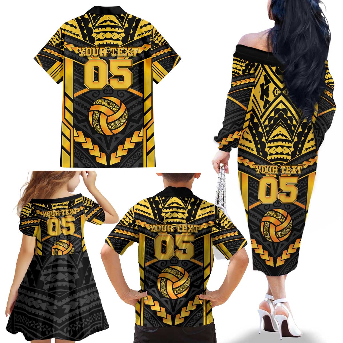 Custom Polynesia Beach Volleyball Family Matching Off The Shoulder Long Sleeve Dress and Hawaiian Shirt Gold Polynesian Tribal Pattern - Polynesian Pride