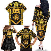 Custom Polynesia Beach Volleyball Family Matching Off The Shoulder Long Sleeve Dress and Hawaiian Shirt Gold Polynesian Tribal Pattern - Polynesian Pride