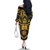 Custom Polynesia Beach Volleyball Family Matching Off The Shoulder Long Sleeve Dress and Hawaiian Shirt Gold Polynesian Tribal Pattern - Polynesian Pride