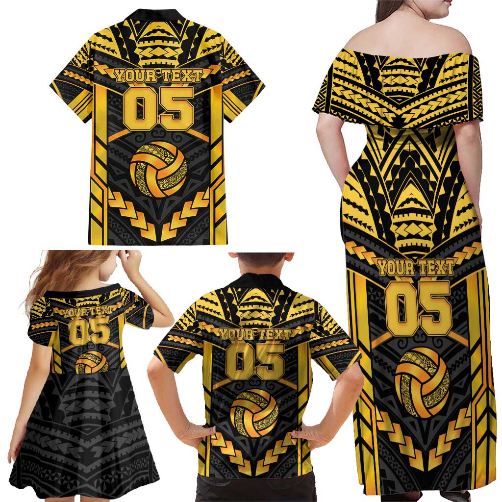 Custom Polynesia Beach Volleyball Family Matching Off Shoulder Maxi Dress and Hawaiian Shirt Gold Polynesian Tribal Pattern - Polynesian Pride