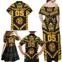 Custom Polynesia Beach Volleyball Family Matching Off Shoulder Maxi Dress and Hawaiian Shirt Gold Polynesian Tribal Pattern - Polynesian Pride