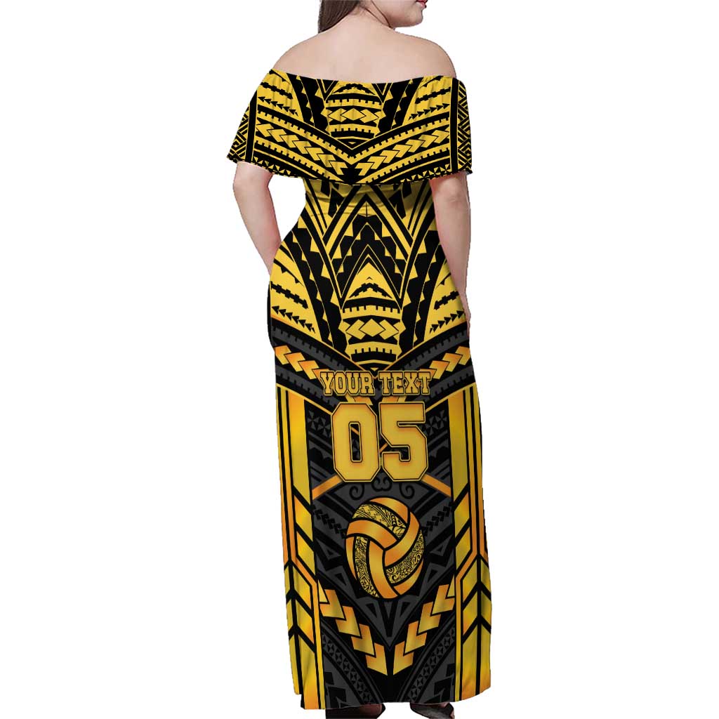 Custom Polynesia Beach Volleyball Family Matching Off Shoulder Maxi Dress and Hawaiian Shirt Gold Polynesian Tribal Pattern - Polynesian Pride