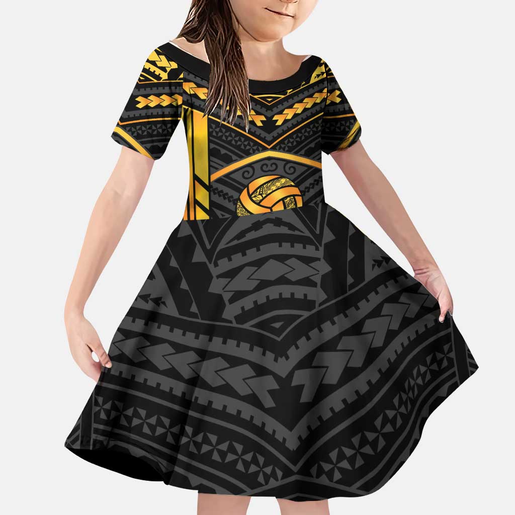Custom Polynesia Beach Volleyball Family Matching Puletasi and Hawaiian Shirt Gold Polynesian Tribal Pattern LT05 Daughter's Dress Gold - Polynesian Pride