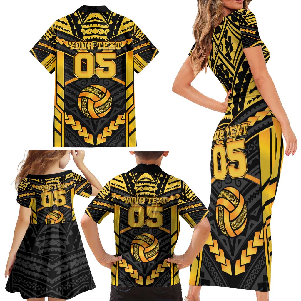 Custom Polynesia Beach Volleyball Family Matching Short Sleeve Bodycon Dress and Hawaiian Shirt Gold Polynesian Tribal Pattern - Polynesian Pride