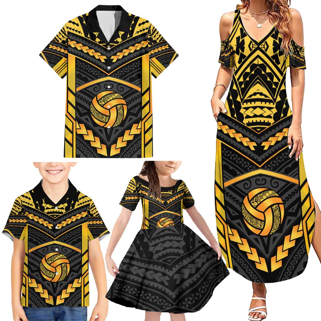Custom Polynesia Beach Volleyball Family Matching Summer Maxi Dress and Hawaiian Shirt Gold Polynesian Tribal Pattern - Polynesian Pride