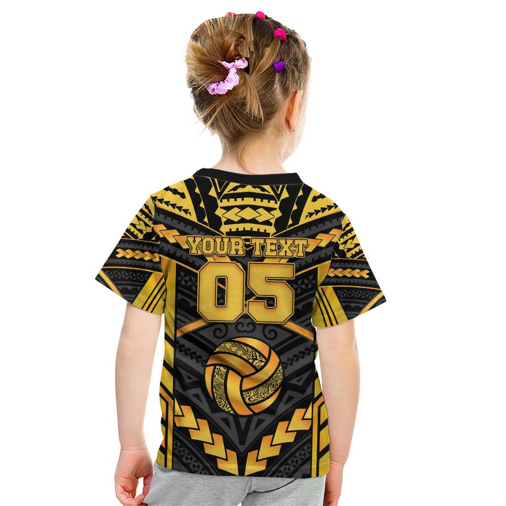 Custom Polynesia Beach Volleyball Kid T Shirt Gold Polynesian Tribal Pattern - Polynesian Pride