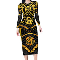 Custom Polynesia Beach Volleyball Long Sleeve Bodycon Dress Gold Polynesian Tribal Pattern - Polynesian Pride