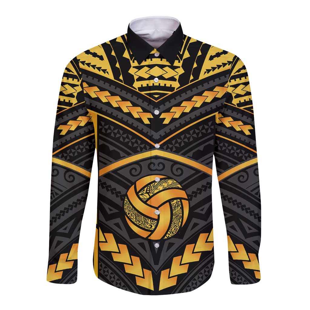 Custom Polynesia Beach Volleyball Long Sleeve Button Shirt Gold Polynesian Tribal Pattern - Polynesian Pride