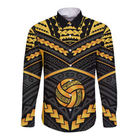 Custom Polynesia Beach Volleyball Long Sleeve Button Shirt Gold Polynesian Tribal Pattern - Polynesian Pride