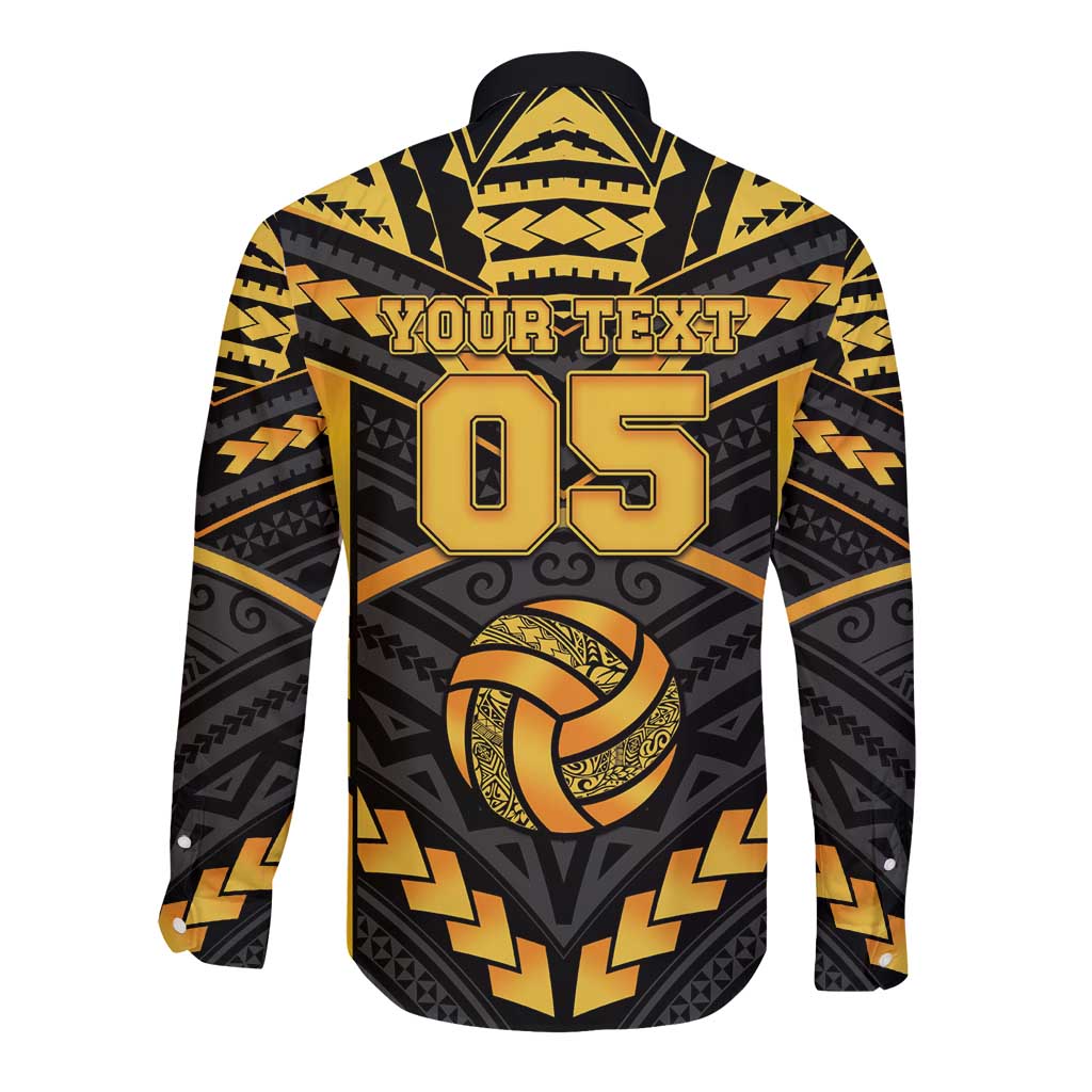 Custom Polynesia Beach Volleyball Long Sleeve Button Shirt Gold Polynesian Tribal Pattern - Polynesian Pride