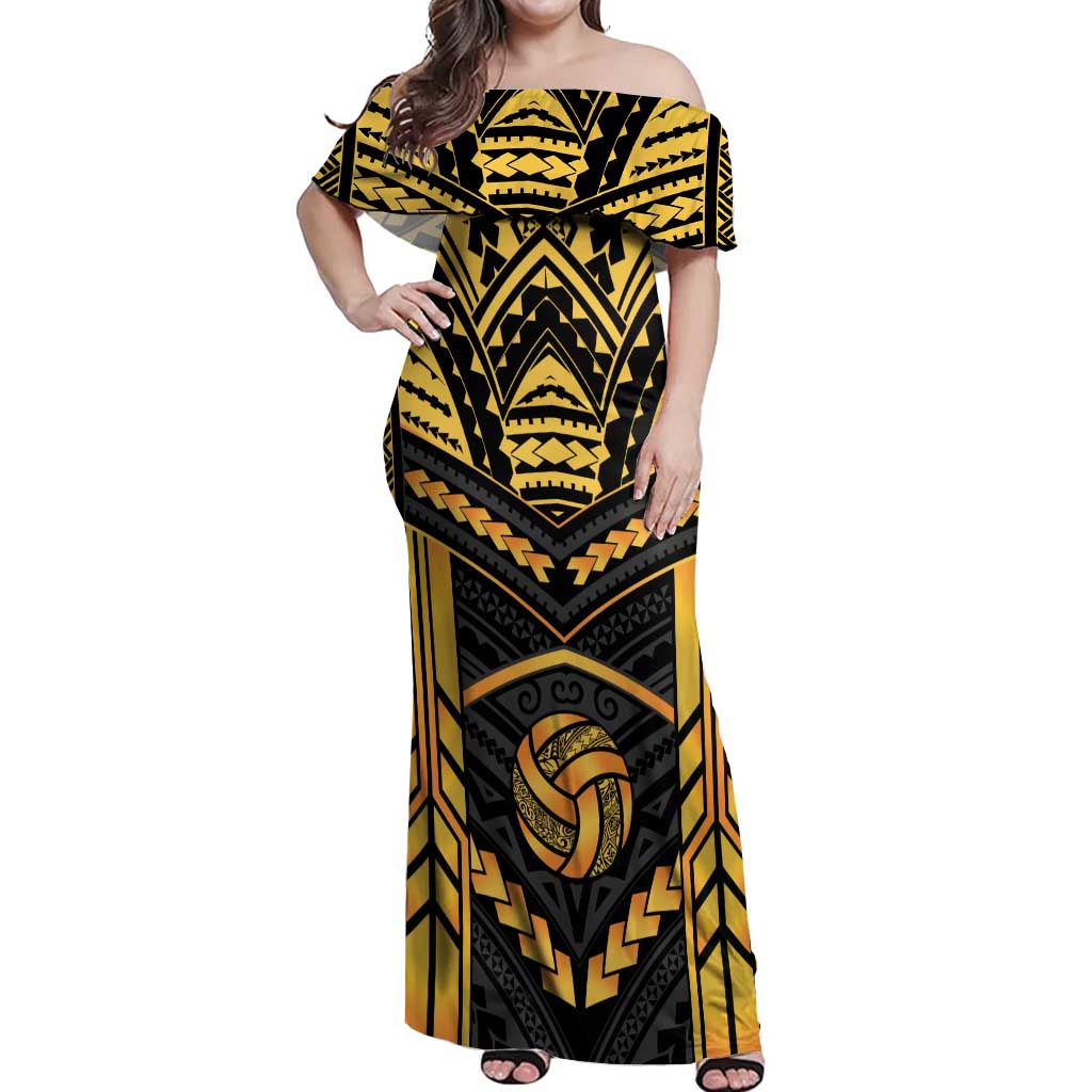 Custom Polynesia Beach Volleyball Off Shoulder Maxi Dress Gold Polynesian Tribal Pattern LT05 Women Gold - Polynesian Pride