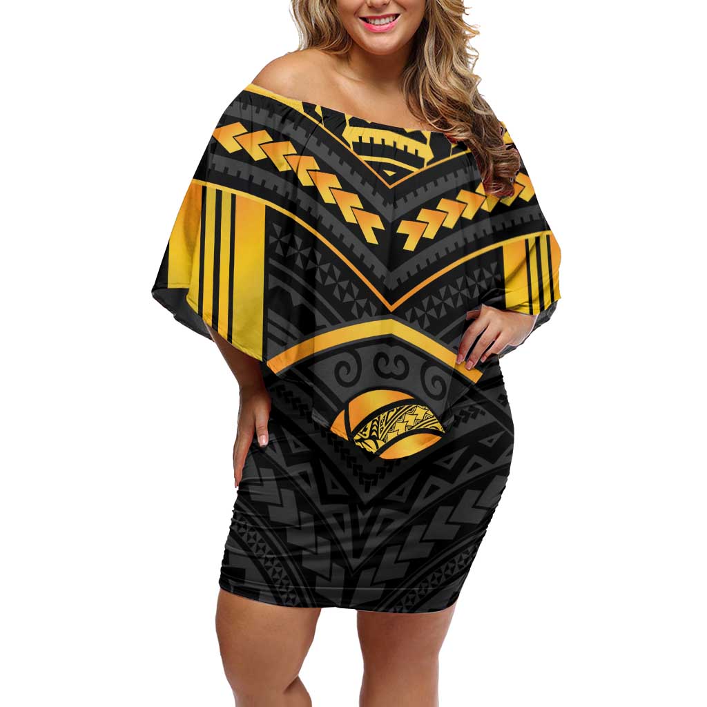 Custom Polynesia Beach Volleyball Off Shoulder Short Dress Gold Polynesian Tribal Pattern LT05 Women Gold - Polynesian Pride