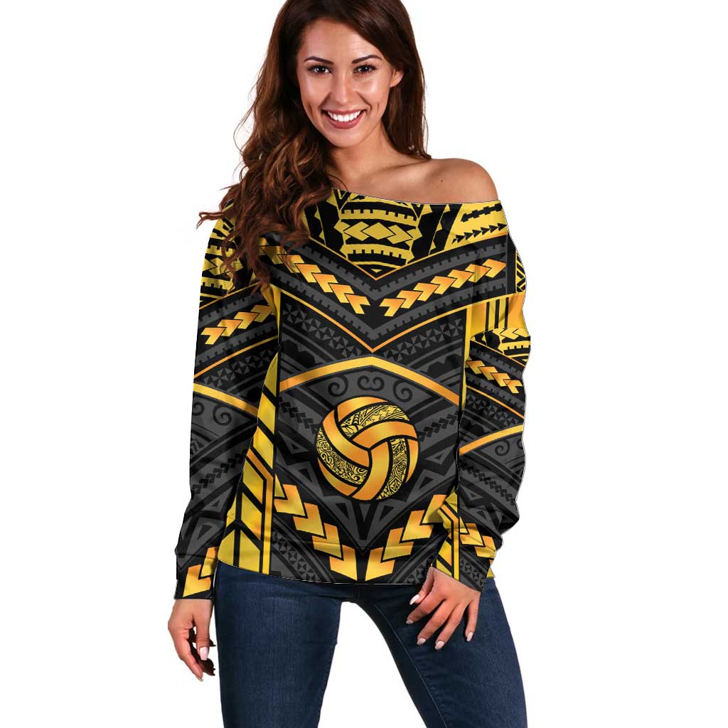 Custom Polynesia Beach Volleyball Off Shoulder Sweater Gold Polynesian Tribal Pattern - Polynesian Pride