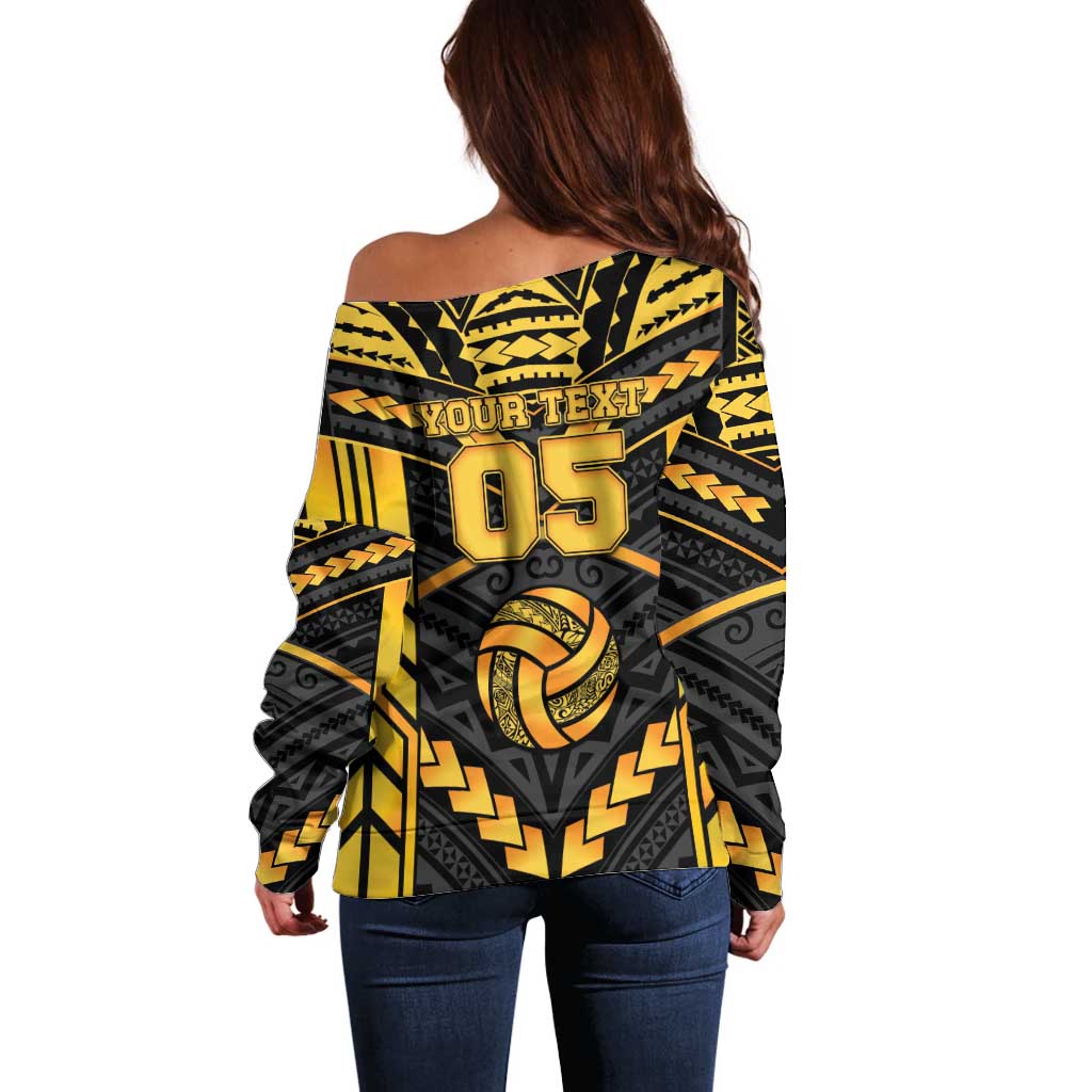 Custom Polynesia Beach Volleyball Off Shoulder Sweater Gold Polynesian Tribal Pattern - Polynesian Pride