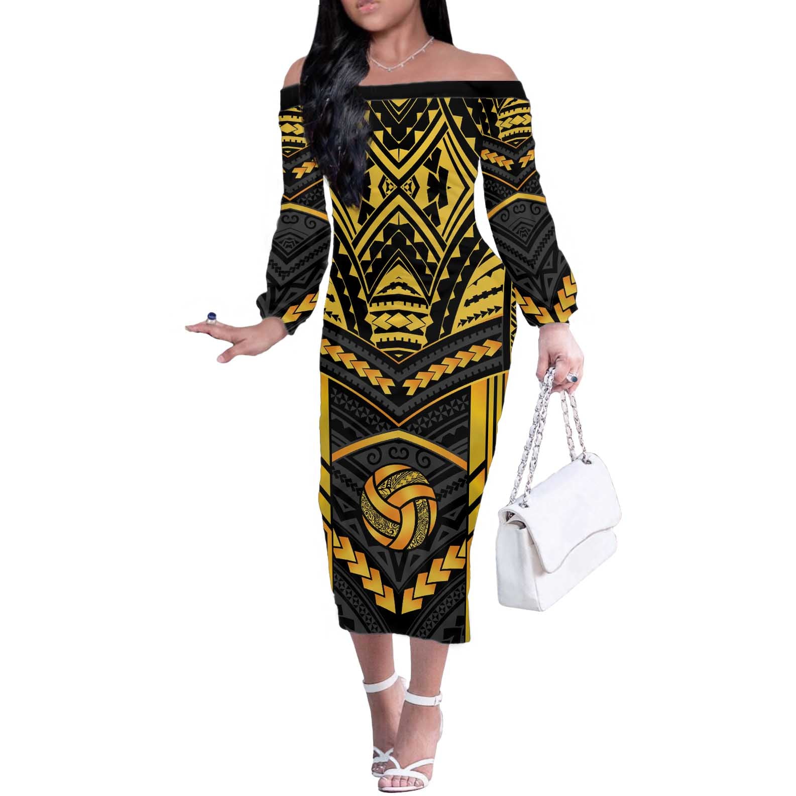 Custom Polynesia Beach Volleyball Off The Shoulder Long Sleeve Dress Gold Polynesian Tribal Pattern LT05 Women Gold - Polynesian Pride
