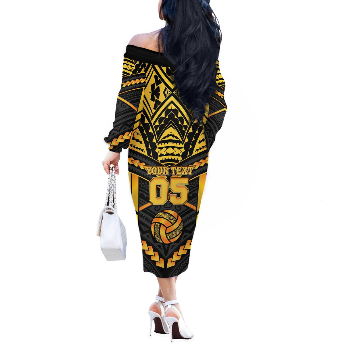 Custom Polynesia Beach Volleyball Off The Shoulder Long Sleeve Dress Gold Polynesian Tribal Pattern LT05 - Polynesian Pride