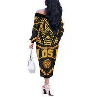 Custom Polynesia Beach Volleyball Off The Shoulder Long Sleeve Dress Gold Polynesian Tribal Pattern LT05 - Polynesian Pride