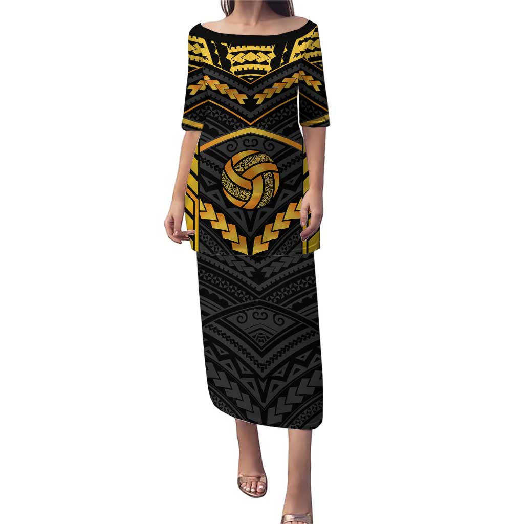 Custom Polynesia Beach Volleyball Puletasi Gold Polynesian Tribal Pattern LT05 Long Dress Gold - Polynesian Pride