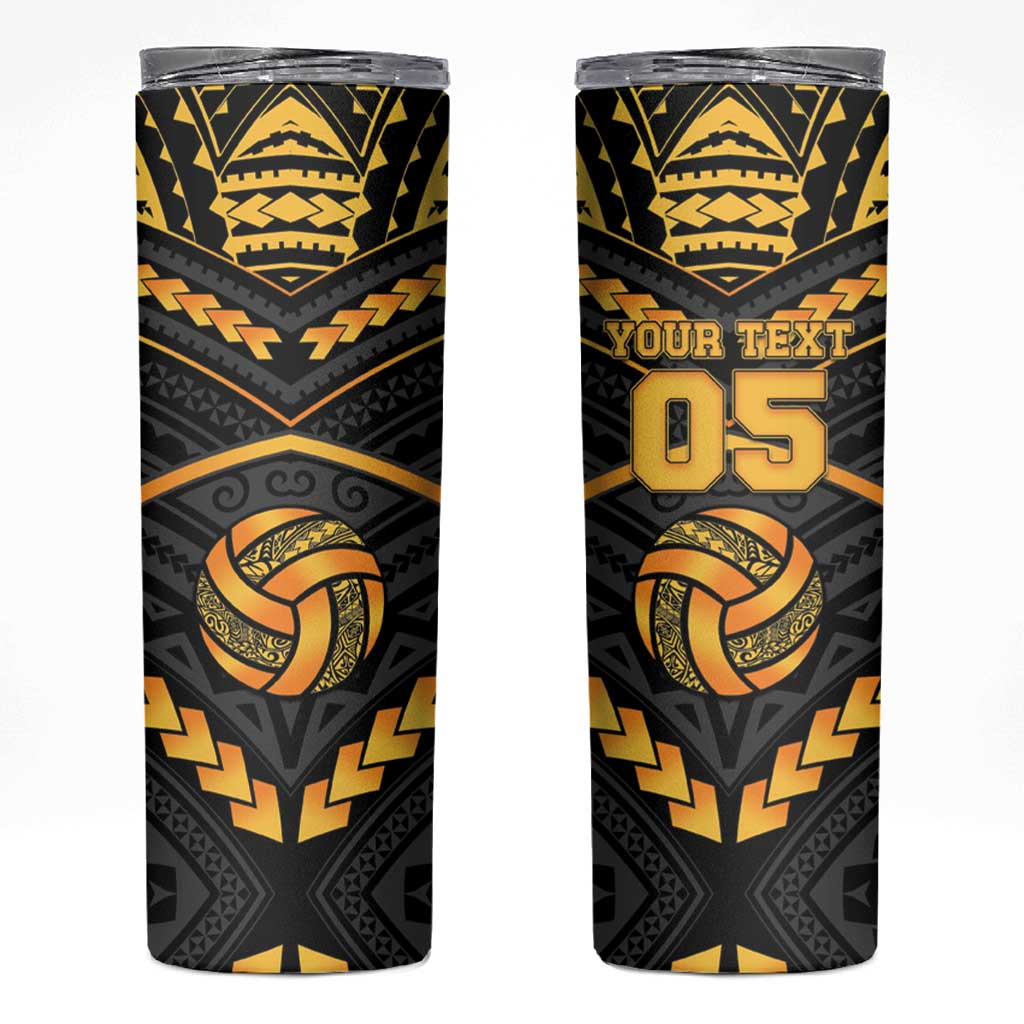 Custom Polynesia Beach Volleyball Skinny Tumbler Gold Polynesian Tribal Pattern - Polynesian Pride