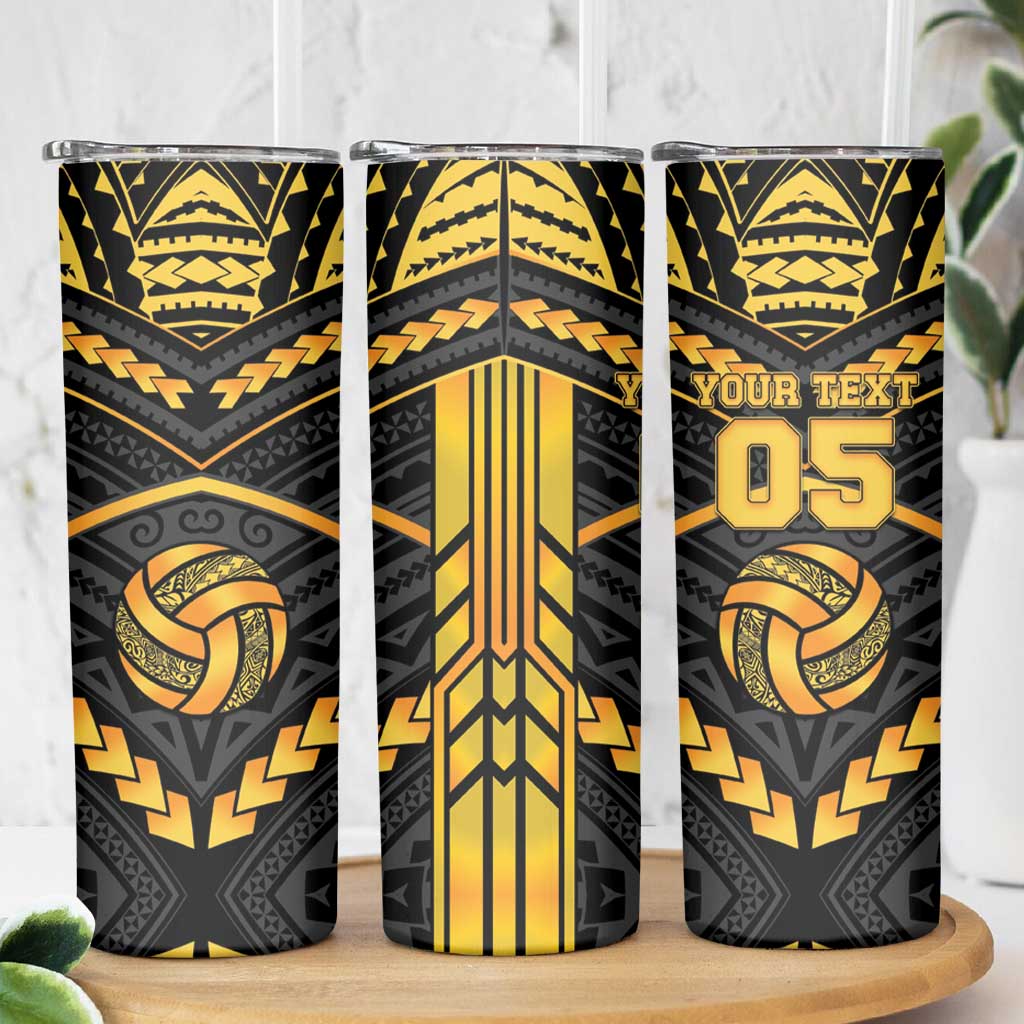 Custom Polynesia Beach Volleyball Skinny Tumbler Gold Polynesian Tribal Pattern - Polynesian Pride