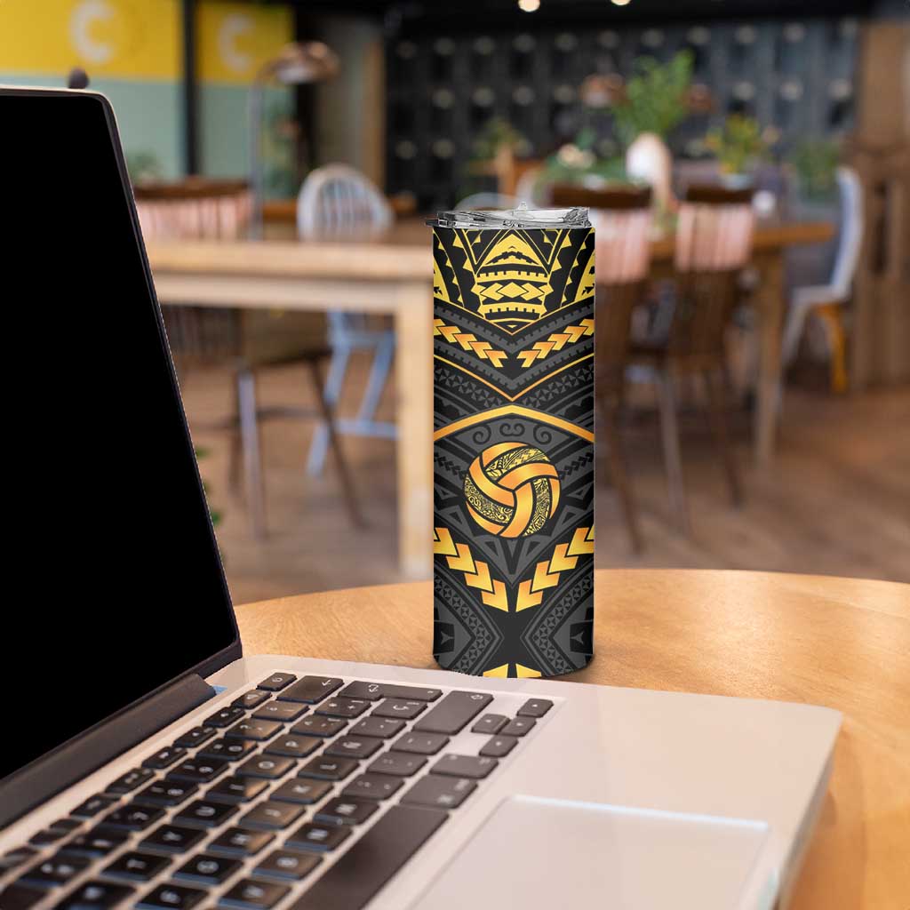 Custom Polynesia Beach Volleyball Skinny Tumbler Gold Polynesian Tribal Pattern - Polynesian Pride