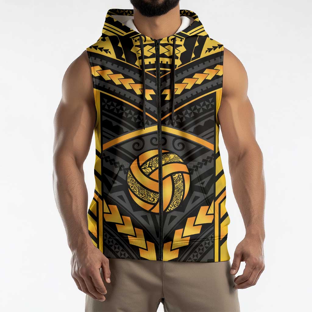 Custom Polynesia Beach Volleyball Sleeveless Zip Hoodie Gold Polynesian Tribal Pattern LT05 - Polynesian Pride