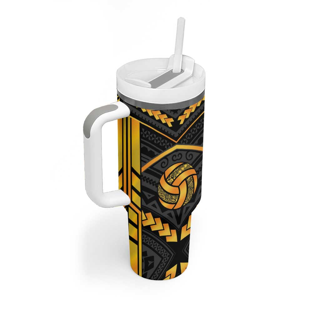 Custom Polynesia Beach Volleyball Tumbler With Handle Gold Polynesian Tribal Pattern - Polynesian Pride