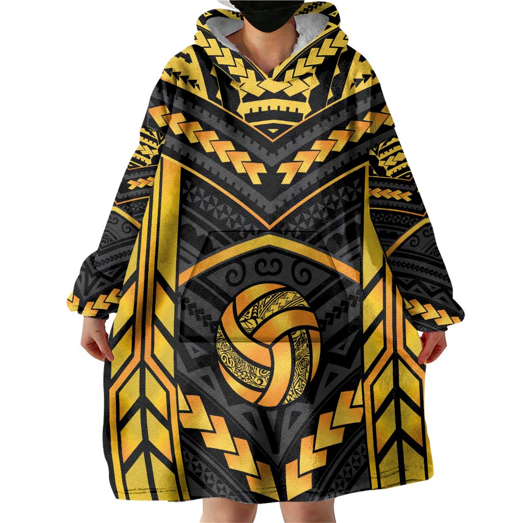 Custom Polynesia Beach Volleyball Wearable Blanket Hoodie Gold Polynesian Tribal Pattern LT05 - Polynesian Pride