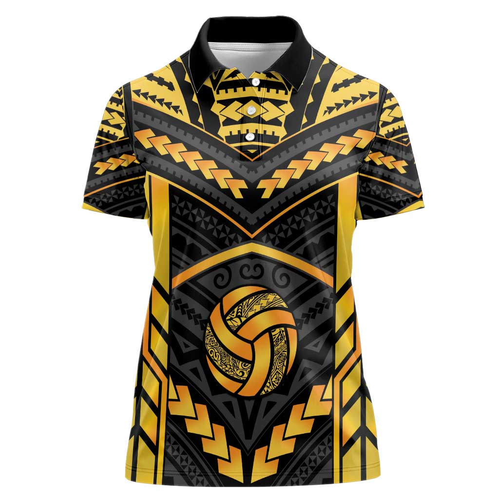 Custom Polynesia Beach Volleyball Women Polo Shirt Gold Polynesian Tribal Pattern - Polynesian Pride