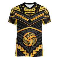 Custom Polynesia Beach Volleyball Women V-Neck T-Shirt Gold Polynesian Tribal Pattern - Polynesian Pride