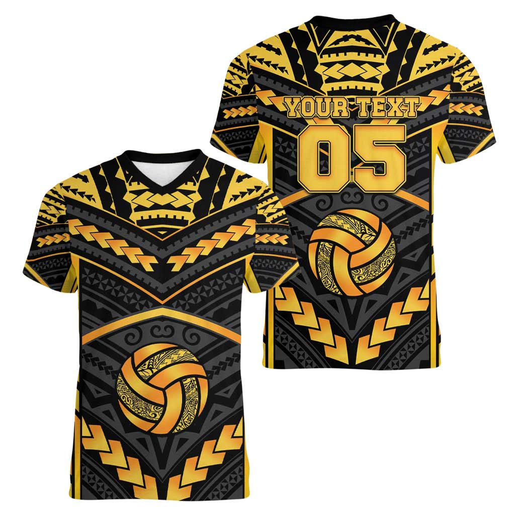 Custom Polynesia Beach Volleyball Women V-Neck T-Shirt Gold Polynesian Tribal Pattern - Polynesian Pride