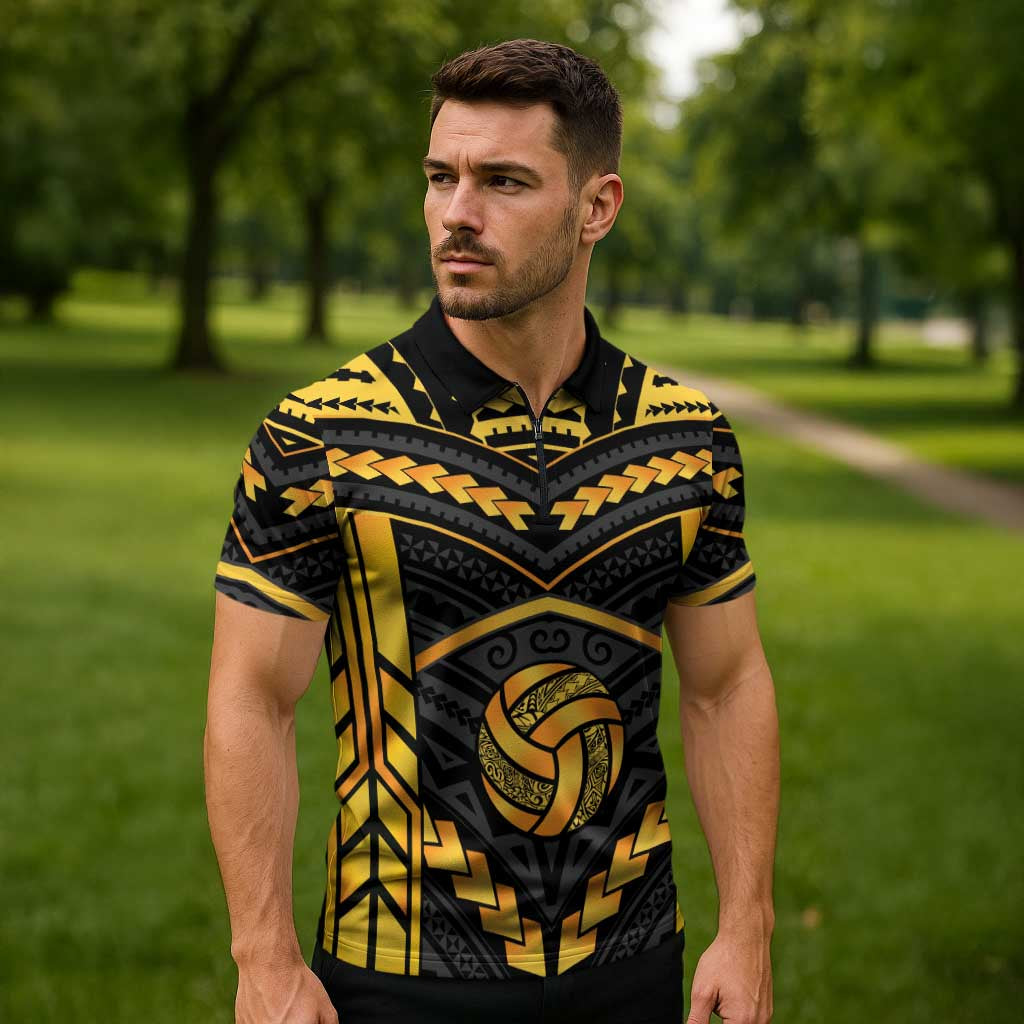 Custom Polynesia Beach Volleyball Zipper Polo Shirt Gold Polynesian Tribal Pattern LT05 - Polynesian Pride