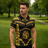 Custom Polynesia Beach Volleyball Zipper Polo Shirt Gold Polynesian Tribal Pattern LT05 - Polynesian Pride