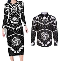 Custom Polynesia Beach Volleyball Couples Matching Long Sleeve Bodycon Dress and Long Sleeve Button Shirt Polynesian Tribal Pattern LT05 Black - Polynesian Pride