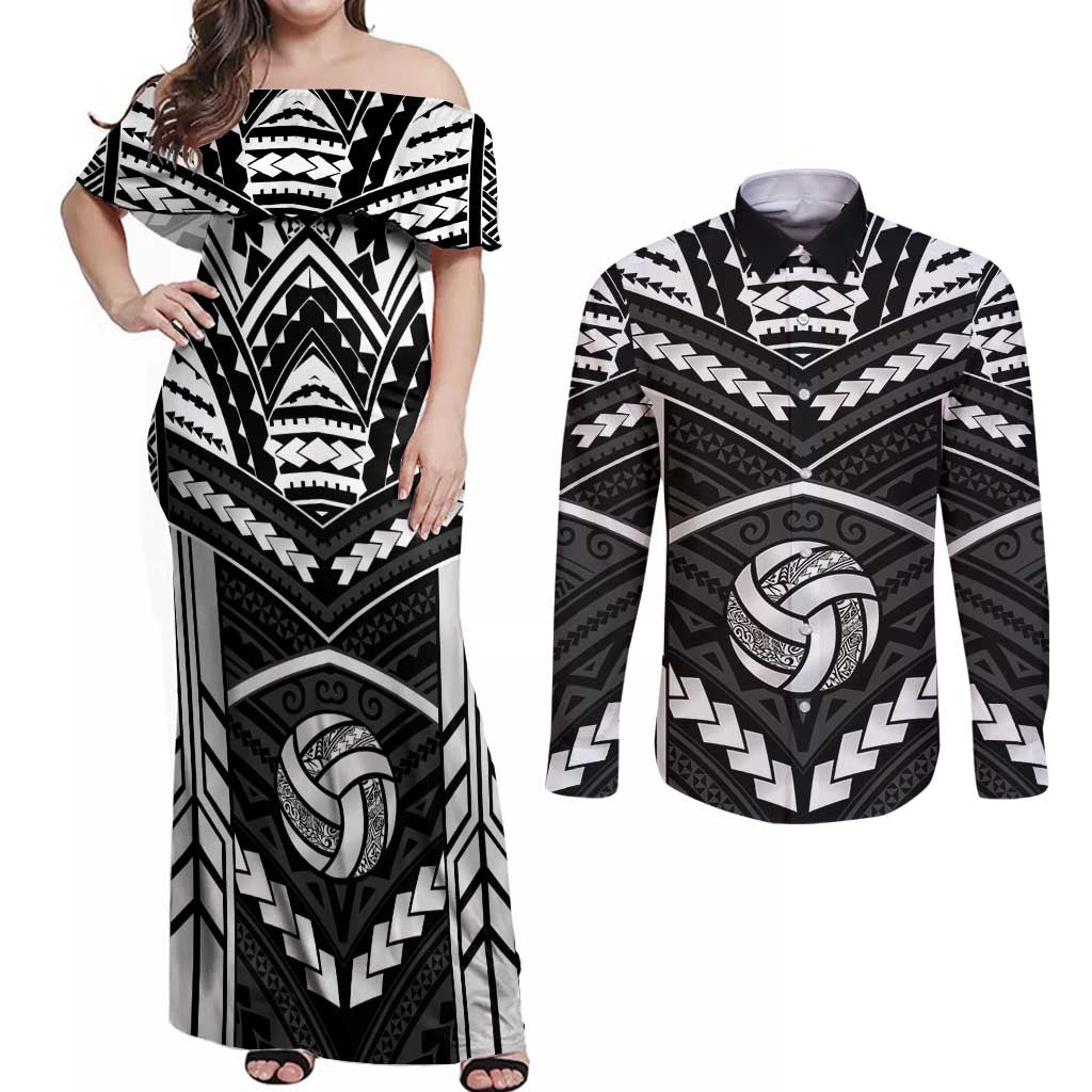 Custom Polynesia Beach Volleyball Couples Matching Off Shoulder Maxi Dress and Long Sleeve Button Shirt Polynesian Tribal Pattern LT05 Black - Polynesian Pride