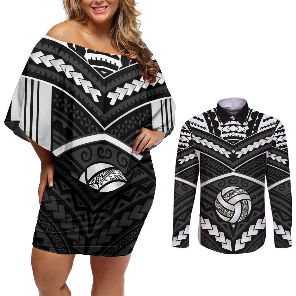 Custom Polynesia Beach Volleyball Couples Matching Off Shoulder Short Dress and Long Sleeve Button Shirt Polynesian Tribal Pattern LT05 Black - Polynesian Pride