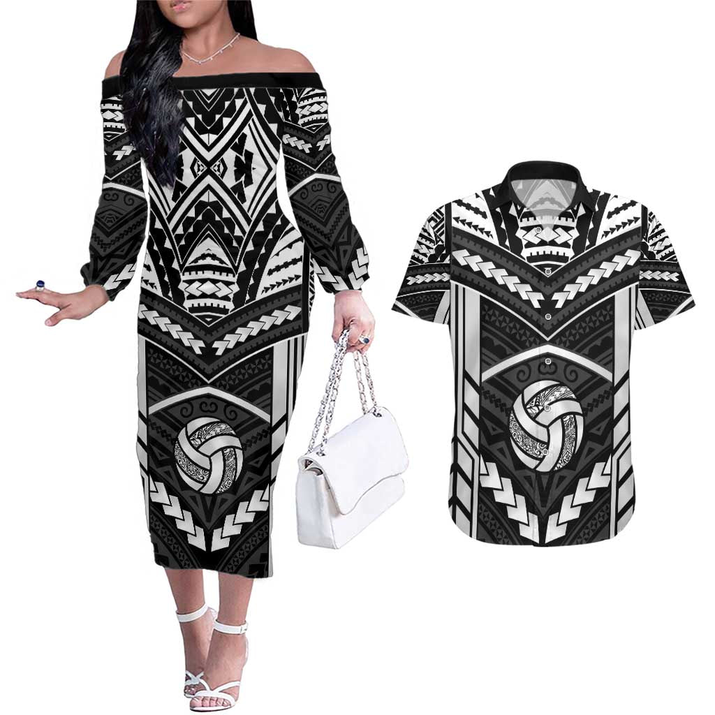 Custom Polynesia Beach Volleyball Couples Matching Off The Shoulder Long Sleeve Dress and Hawaiian Shirt Polynesian Tribal Pattern - Polynesian Pride
