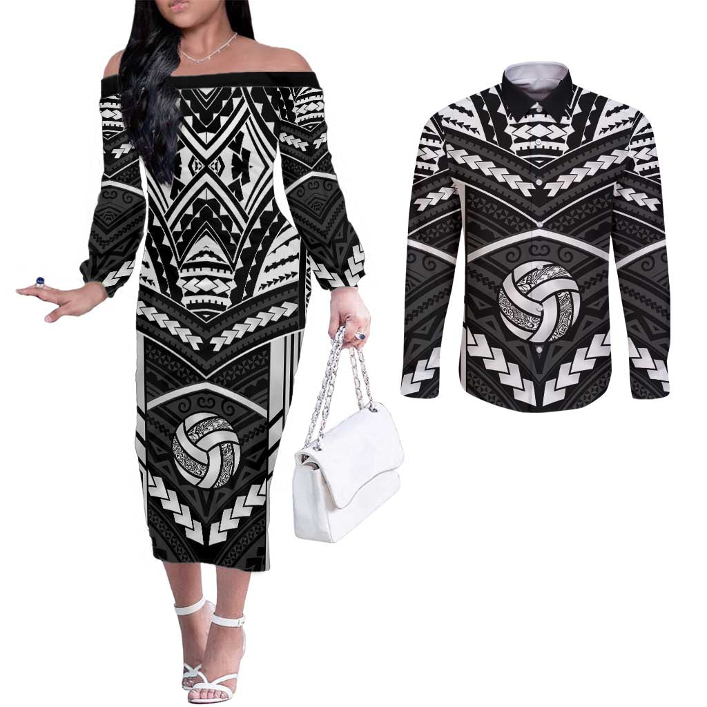 Custom Polynesia Beach Volleyball Couples Matching Off The Shoulder Long Sleeve Dress and Long Sleeve Button Shirt Polynesian Tribal Pattern LT05 Black - Polynesian Pride